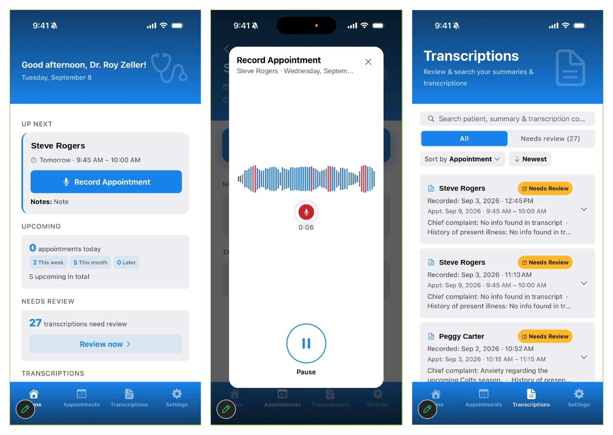 Three ICONIC Scribe iPhone screens: the provider&rsquo;s day with a Record Appointment button, a visit being recorded, and the list of transcriptions waiting for review.